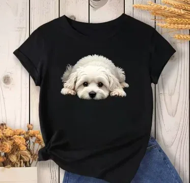 T-shirt col rond imprimé chien maltais vert
