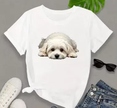 T-shirt col rond imprimé chien maltais vert – image 2